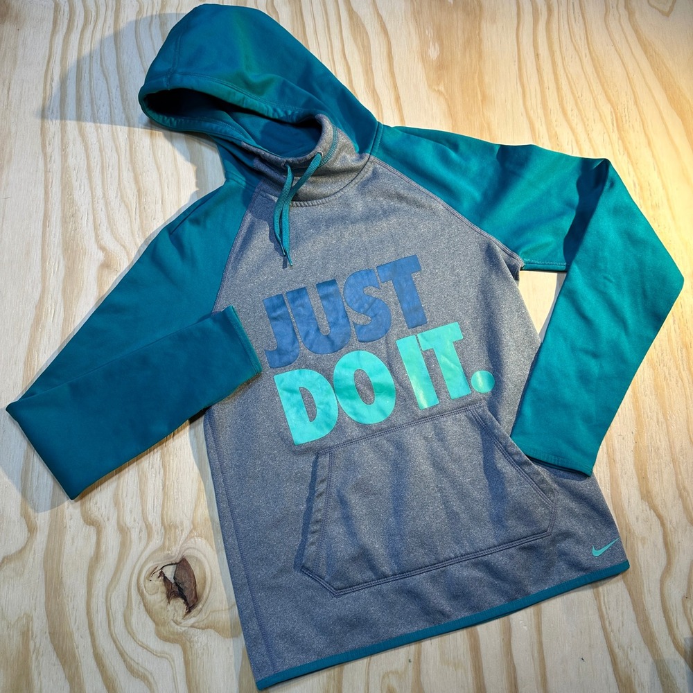 Nike Therma-FIT Hoodie Womens XS Teal Gray Just Do It Graphic Pullover